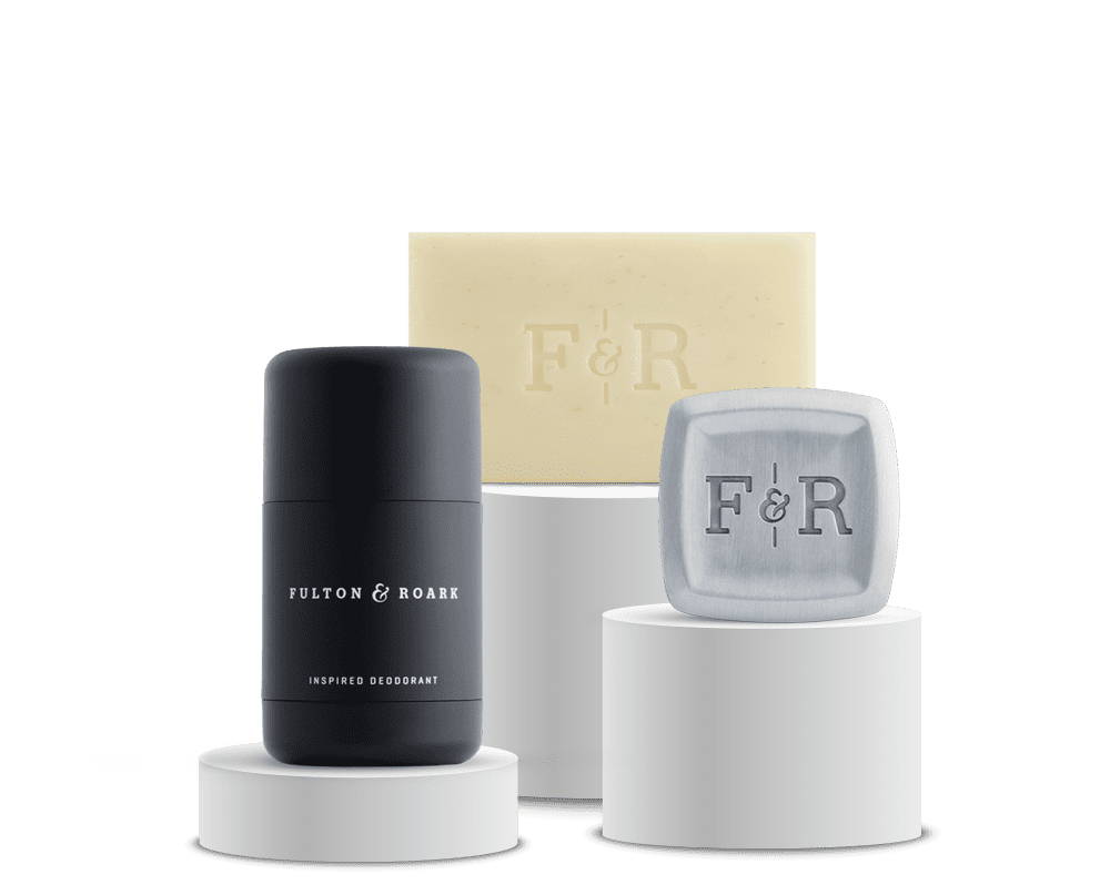 Essentials Set including deodorant, bar soap and solid fragrance square