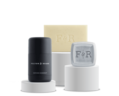 Essentials Set including deodorant, bar soap and solid fragrance square