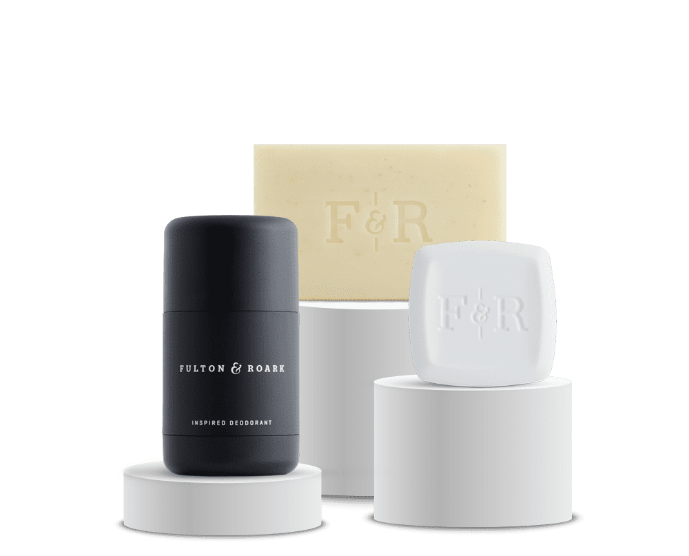 Essentials Set including deodorant, bar soap and white solid fragrance square